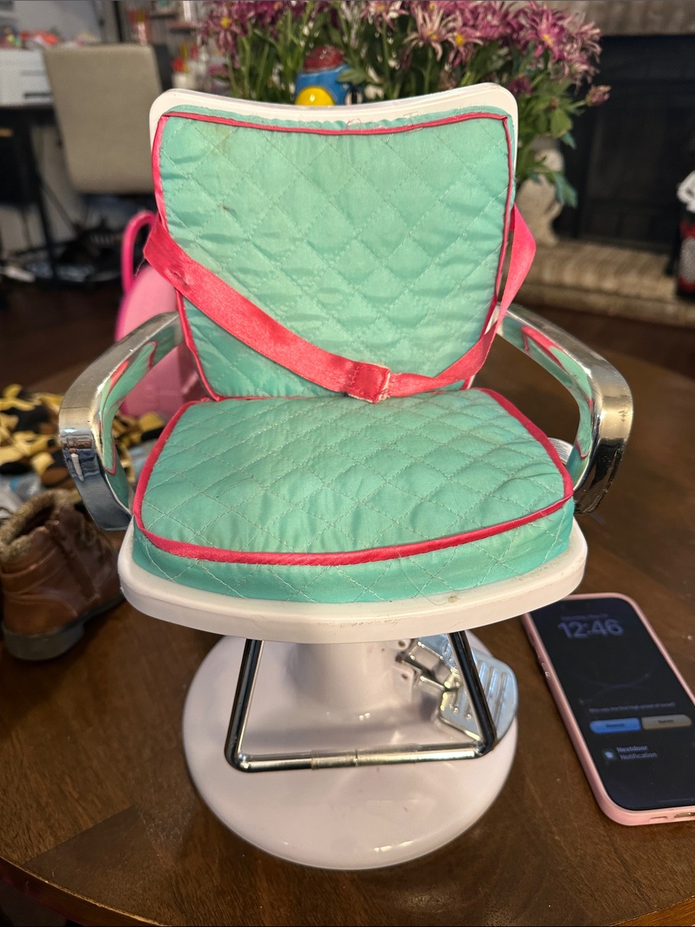 My Life Aqua Green Quilted Doll Salon Chair with Pink Trim